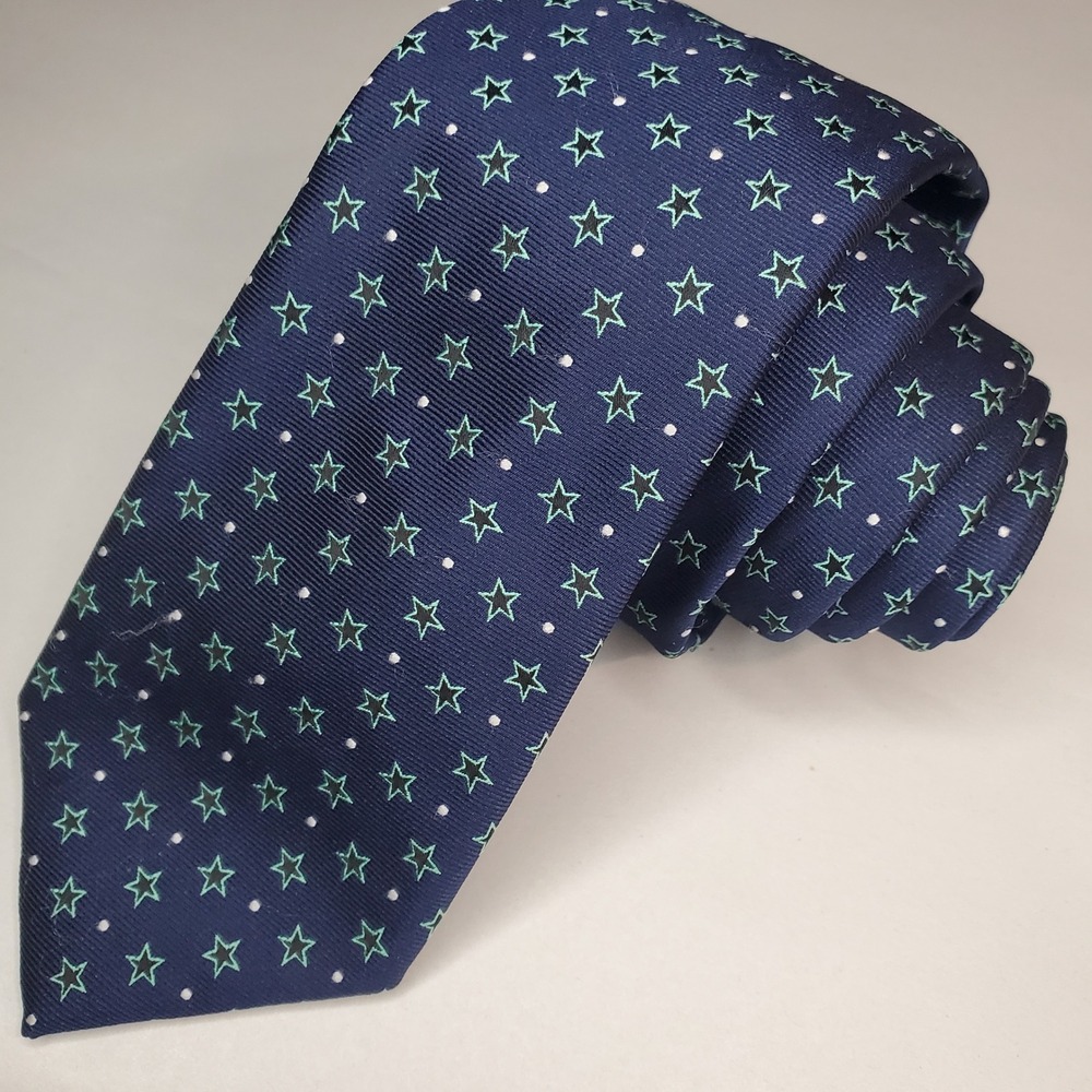 J.Ferrar Mens Navy Blue Teal Star Print Micro Dot Polyester Necktie Classic Tie